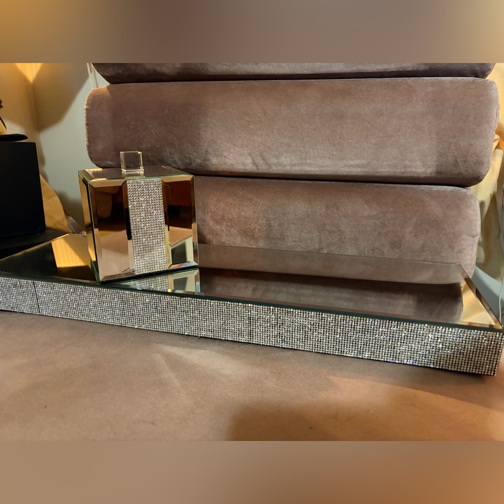 Mirror Glass Crystal Vanity Set! Stand Tray Shelf Organizer Holder Jar LIKE NEW